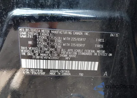 2015 Toyota Rav4 Le from USA, damaged, VIN 2T3BFREV6FW328947